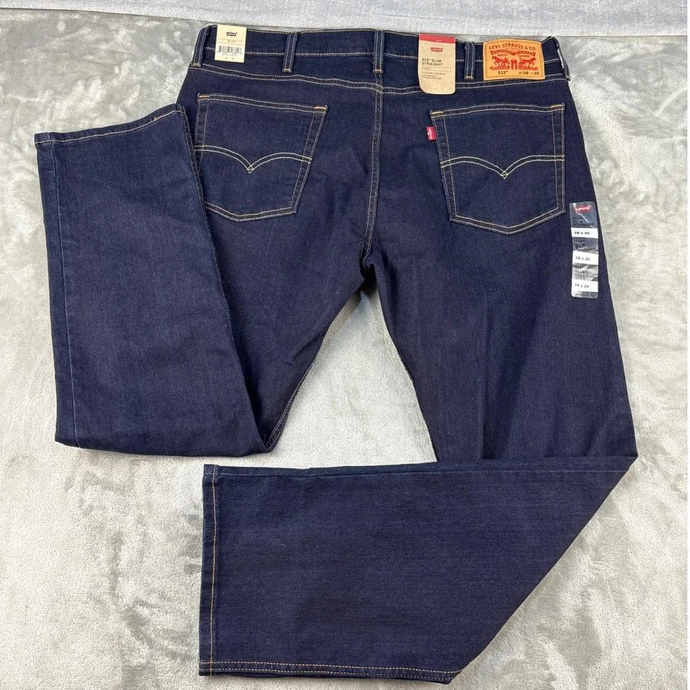 Levi Jeans Mens 38x30 513 Slim Straight Dark Indigo Stretch Denim NEW